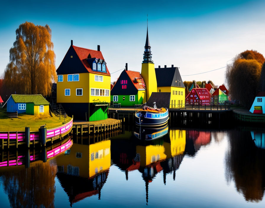 Vibrant sunset scene: colorful houses, boat, spire, and clear sky reflected in water