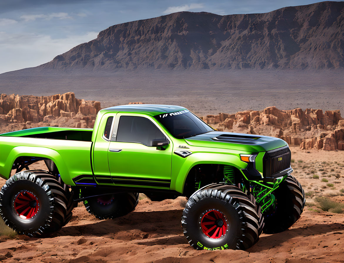 Vibrant green monster truck in desert landscape