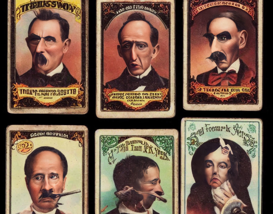 Vintage playing cards with caricatures of historical male figures