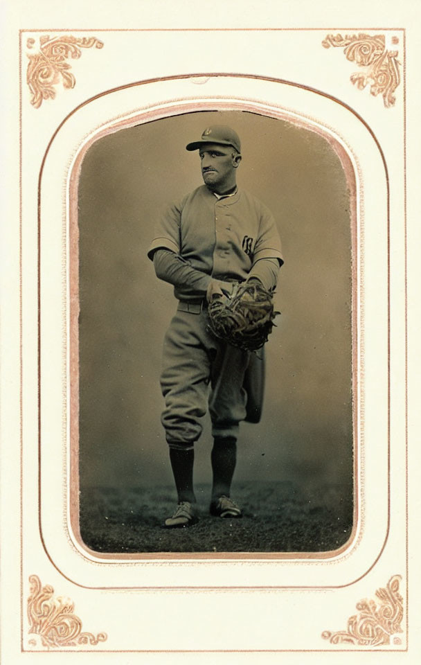 Sepia-Toned Vintage Baseball Player Photo with Ornate Border