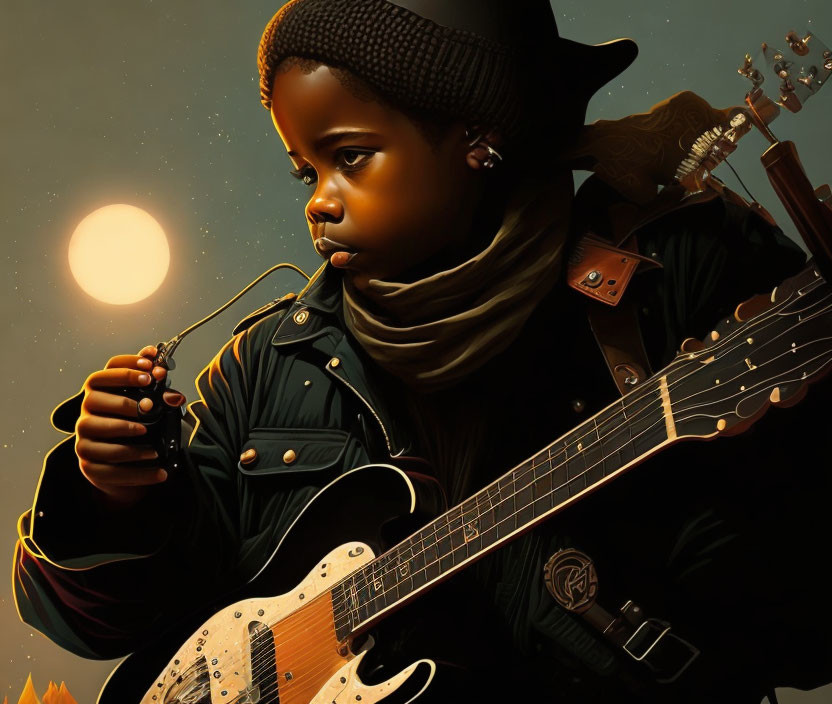 Young boy with guitar under sunset with eagle silhouette