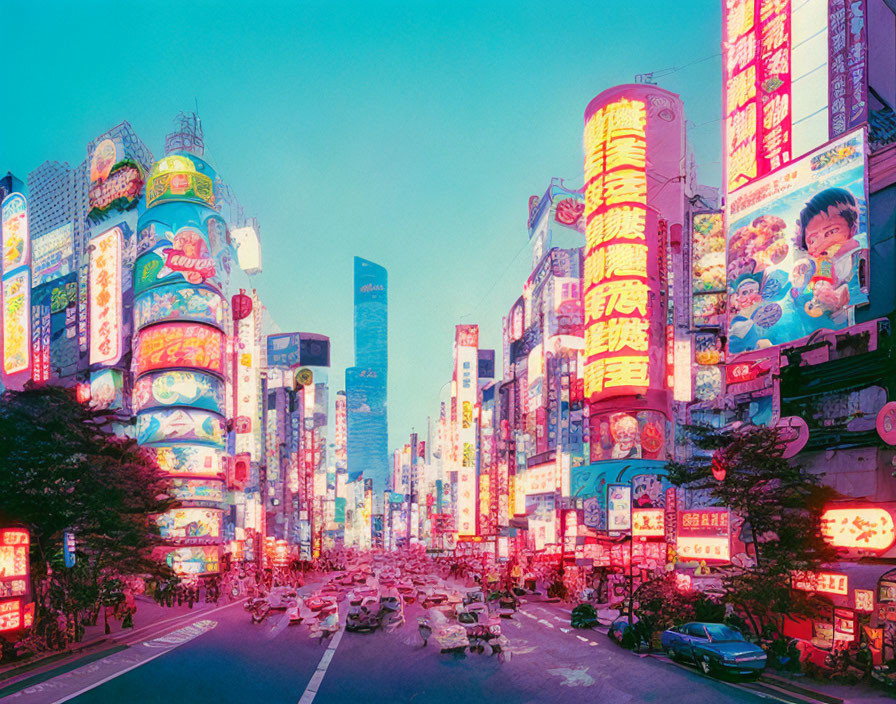 Busy Urban Street at Dusk with Multilingual Neon Signs