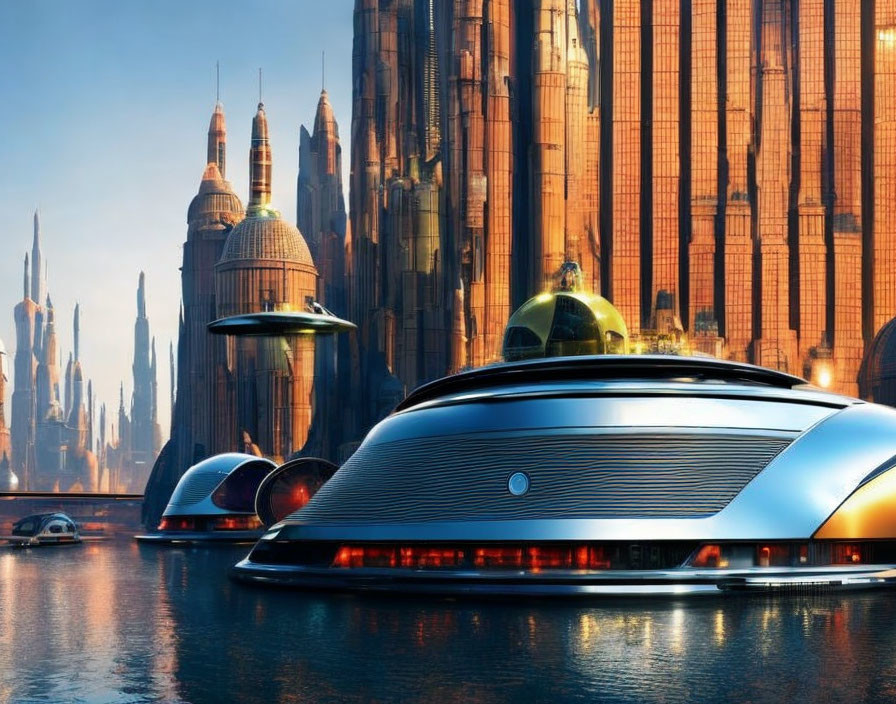 Futuristic cityscape with sleek buildings and hovercrafts