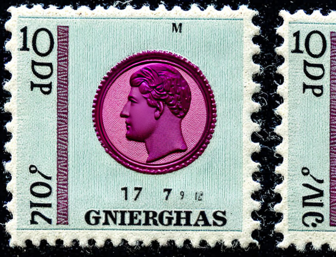 Purple postage stamps with classical bust profile and inscriptions.