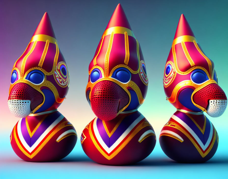 Colorful Stylized Figurines with Conical Hats on Gradient Background