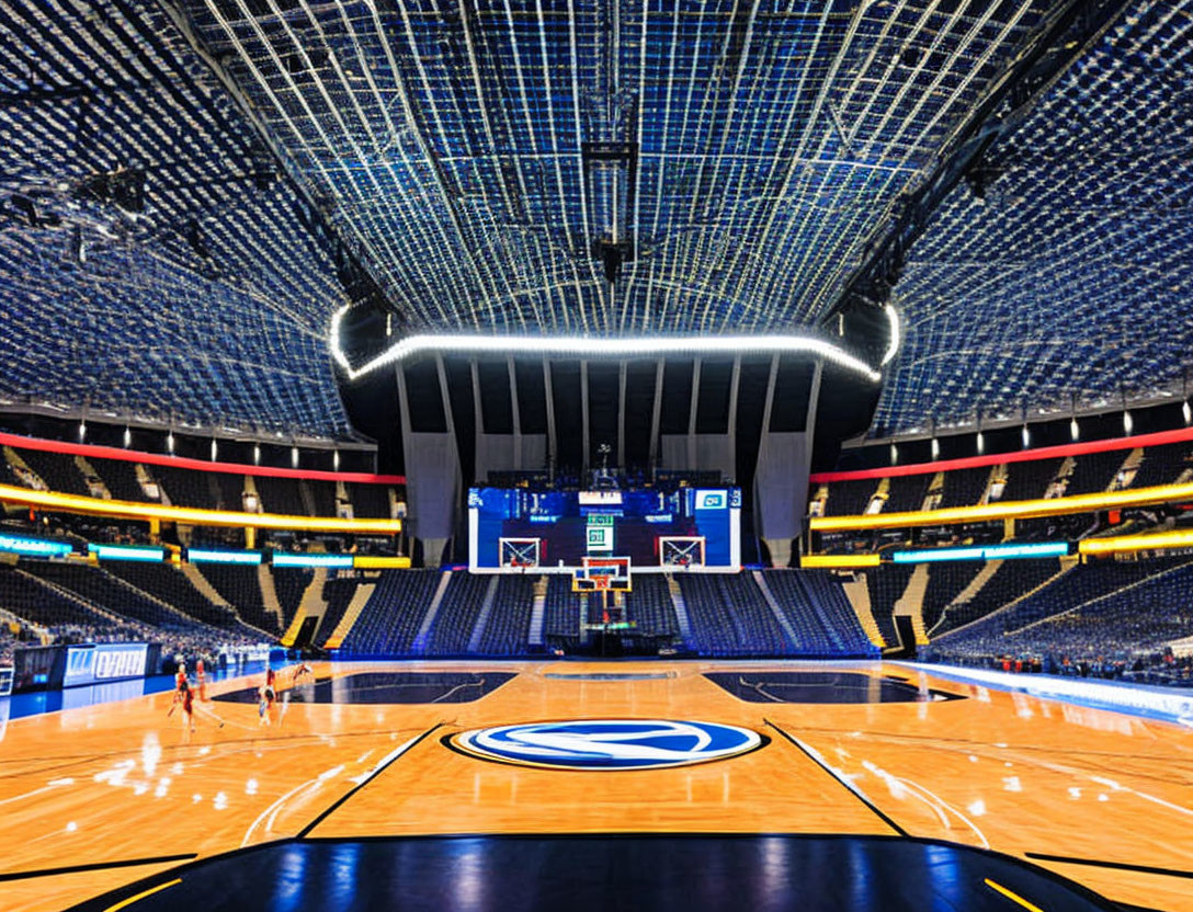 Indoor Basketball Arena with Illuminated Ceiling & Polished Court