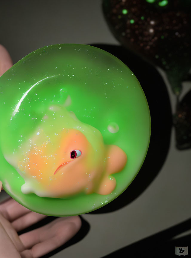 Translucent green orb with cartoon chick figure inside