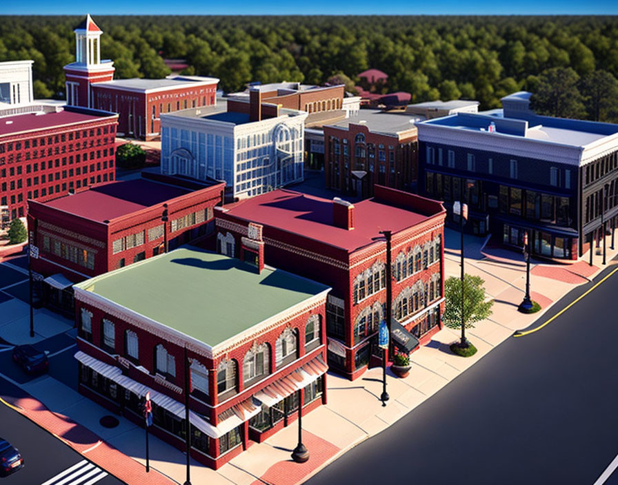 Detailed miniature red-brick model town with streets, light posts, and manicured trees under clear skies