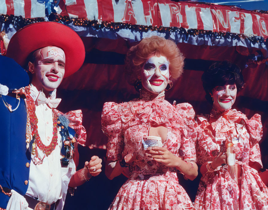 Colorful clowns in flowery costumes with cup in front of circus backdrop