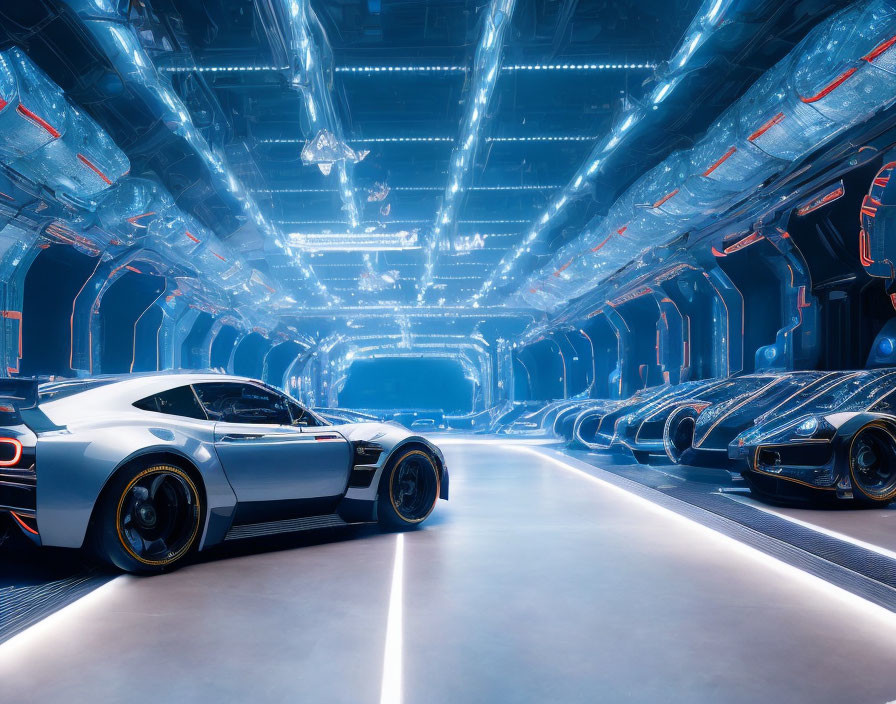 Futuristic car garage with sleek vehicles and neon lights