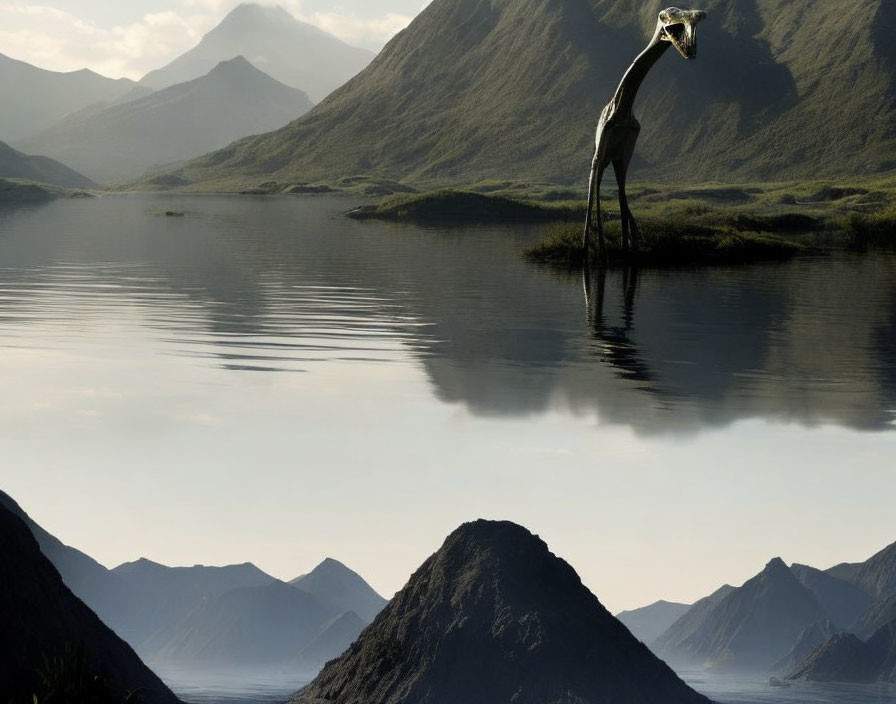 Tranquil lakeside landscape with mountains and surreal giraffe reflection