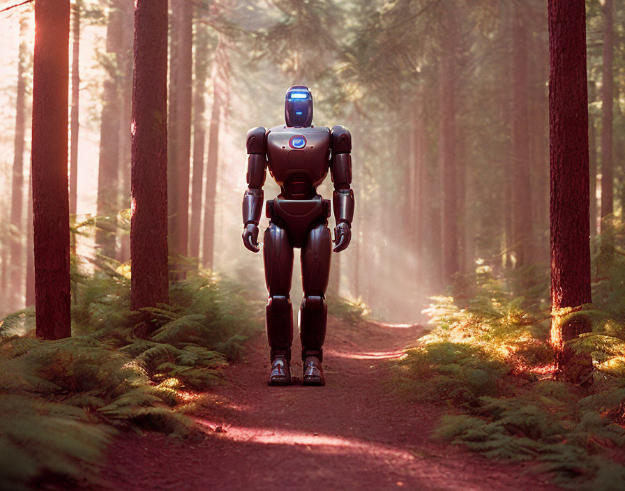 Illuminated-eyed humanoid robot walking in sunlit forest