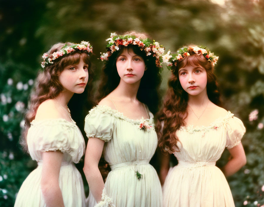 Vintage dresses: Three women pose in floral crowns outdoors