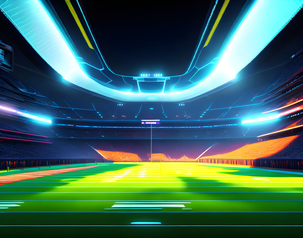 Futuristic stadium with vibrant neon lights and glowing field at dusk