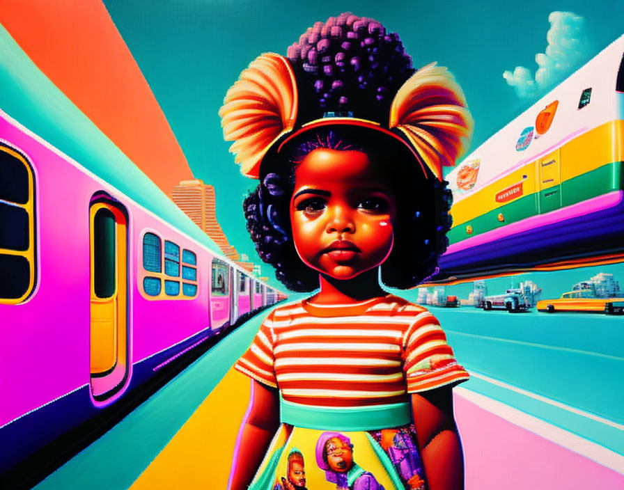 Colorful artwork featuring girl with voluminous hair and vibrant cityscape.