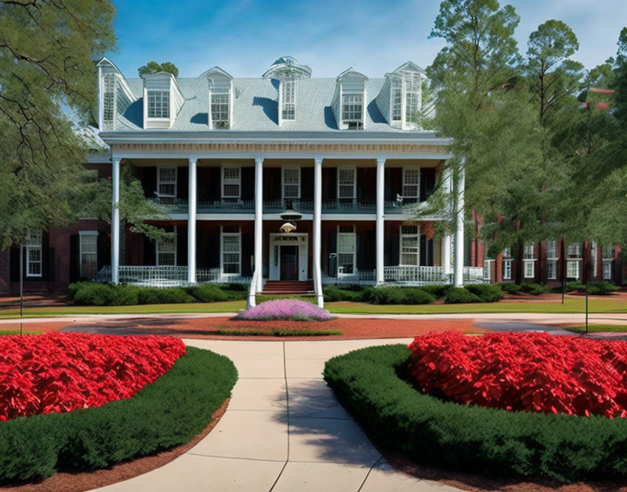 Symmetrical two-story building with white columns, balcony, and landscaped front yard