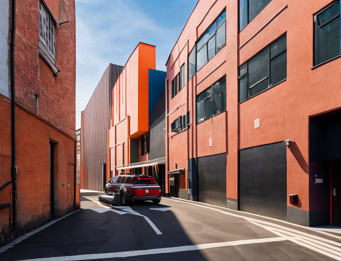 Modern Car Parked Between Colorful Buildings Under Clear Blue Sky