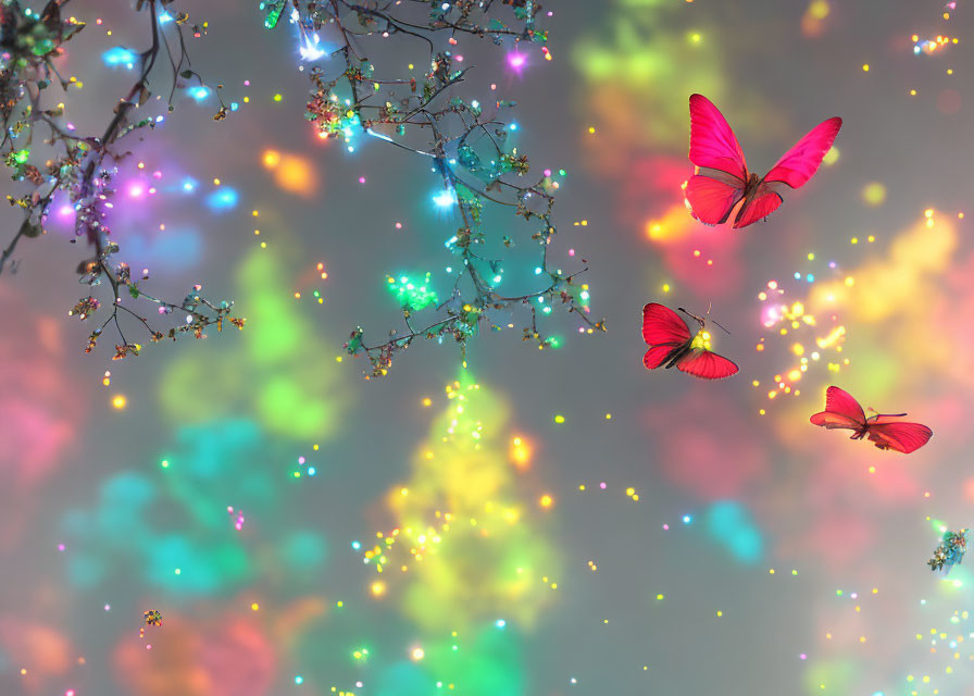 Three Red Butterflies Among Multicolored Lights and Blossoms