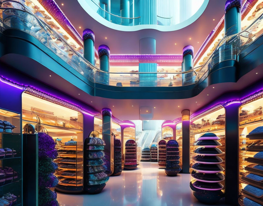 Modern shopping area with blue and purple neon lights and sleek shelves.