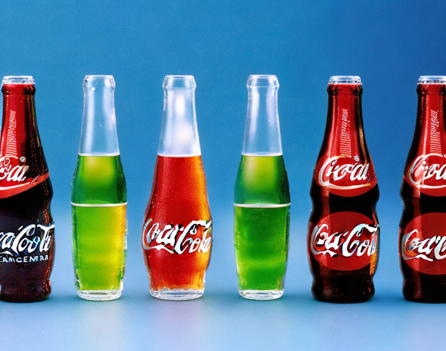 Four Coca-Cola bottles and two glasses with colored liquids on blue background.