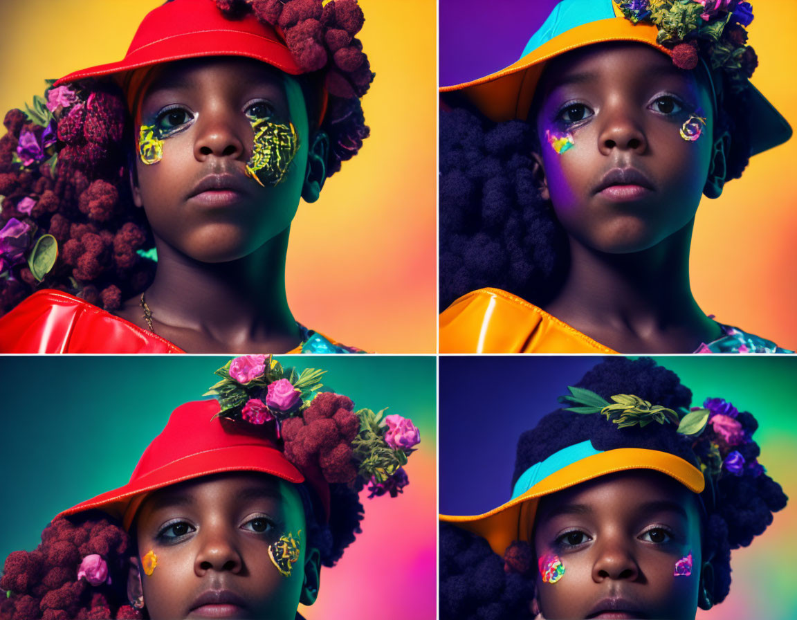 Four portrait collage of child with colorful hats and floral decorations on face against vibrant multicolored backdrop