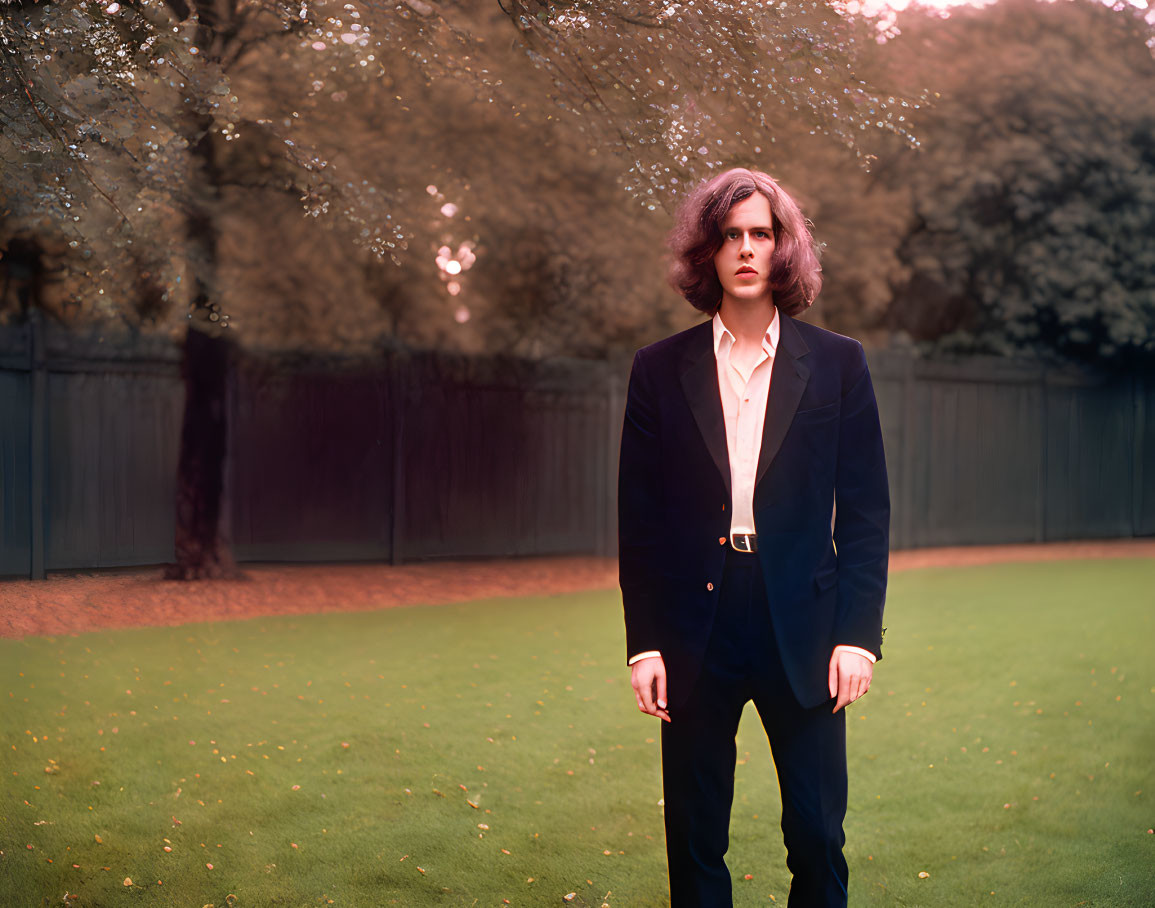 Person with shoulder-length hair in dark suit standing in park with trees and fence.