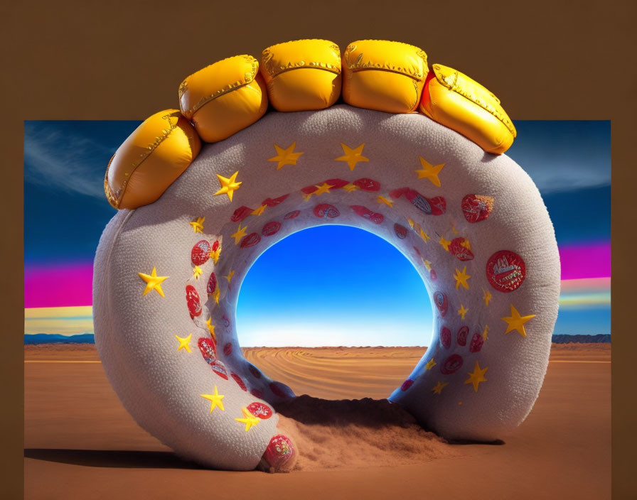 Giant inflatable ring with hotdog cushions in desert landscape