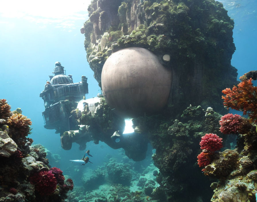 Fantastical underwater scene with diver exploring classical building merged with giant helmet sphere.