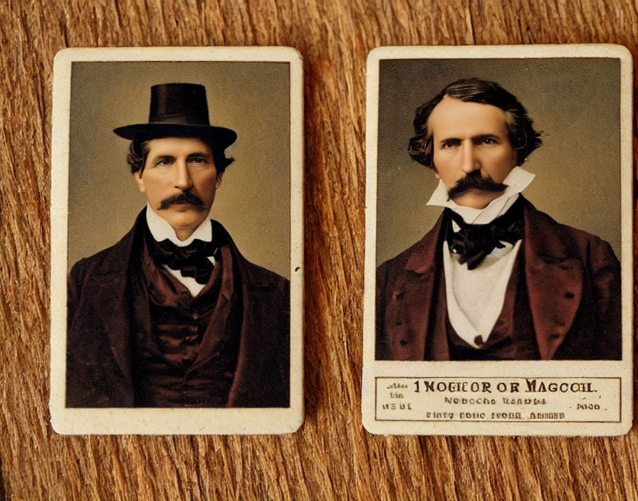 Vintage Portraits on Wooden Surface: Same Person with Top Hat and Bow Tie, Stern Expression