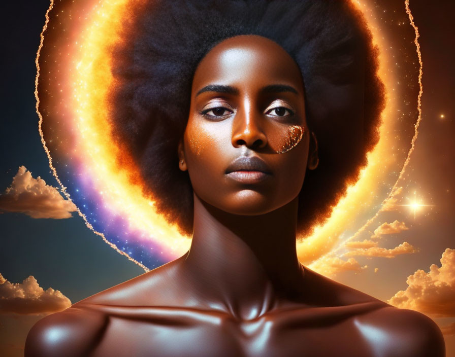 Silhouetted Afro woman against cosmic backdrop with glowing skin and golden face adornment