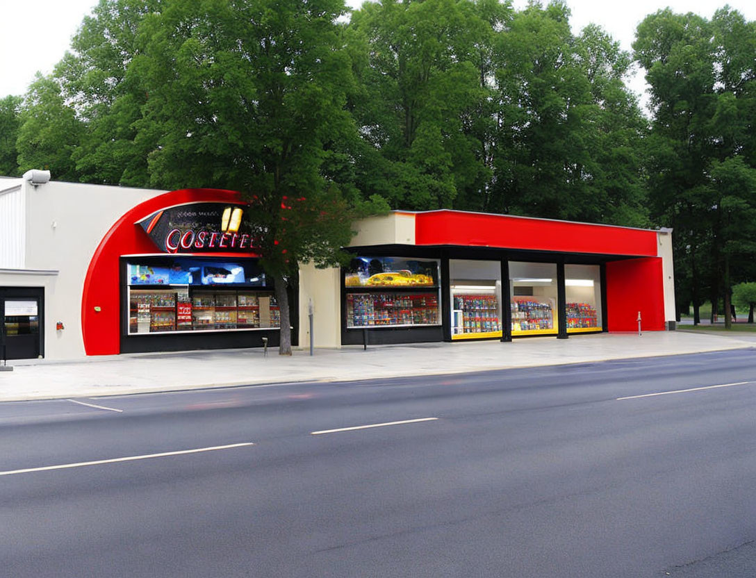 Red and White Coffee Shop Facade with Curved Roof and Outdoor Seating