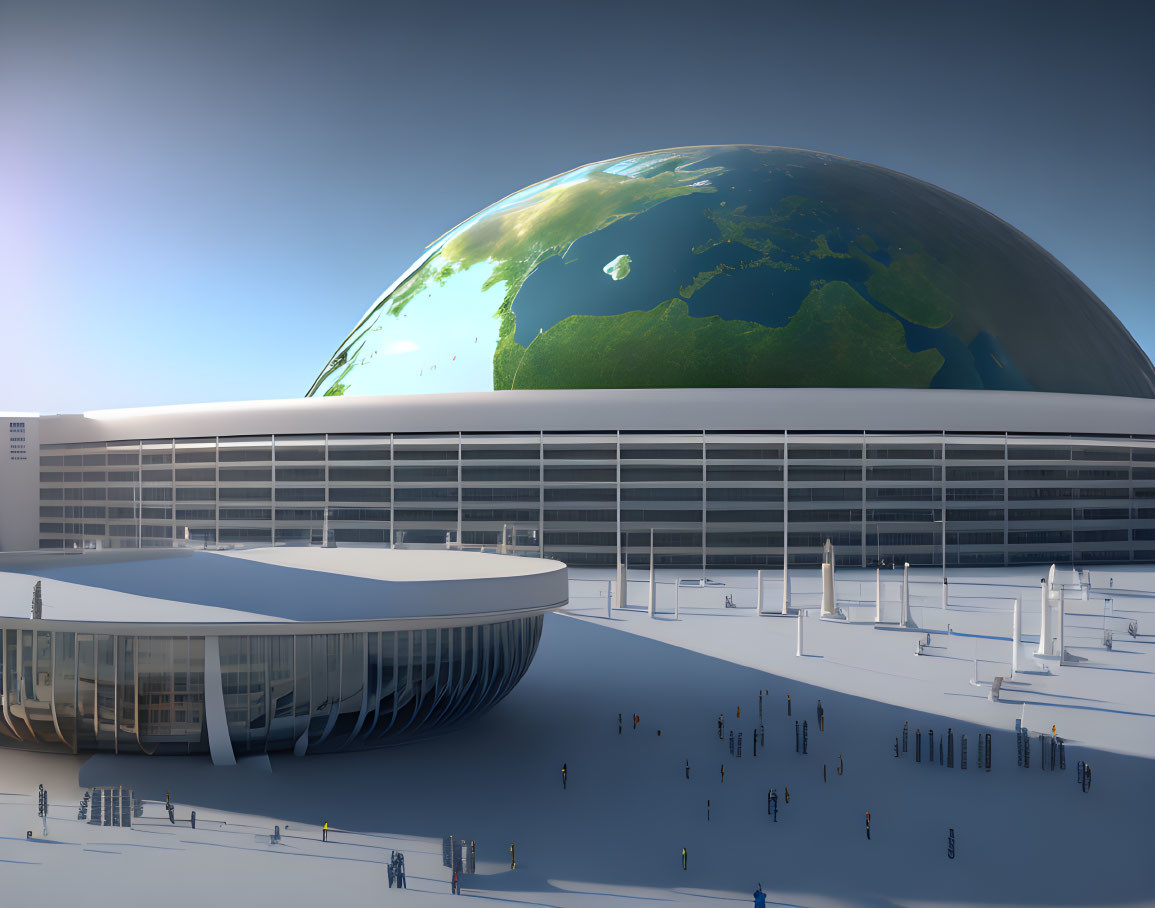 Futuristic building with dome-shaped earth model and bustling plaza