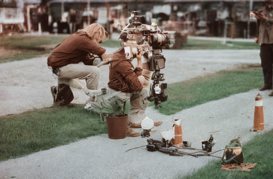 Three individuals with camera equipment outdoors on grass with orange cones.