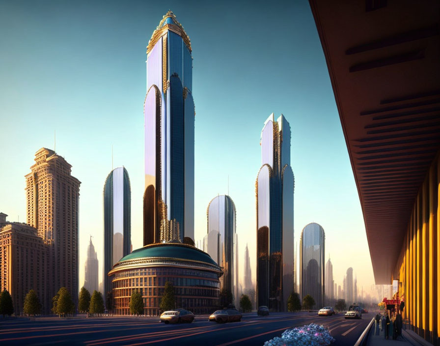 Futuristic cityscape with tall skyscrapers at sunset