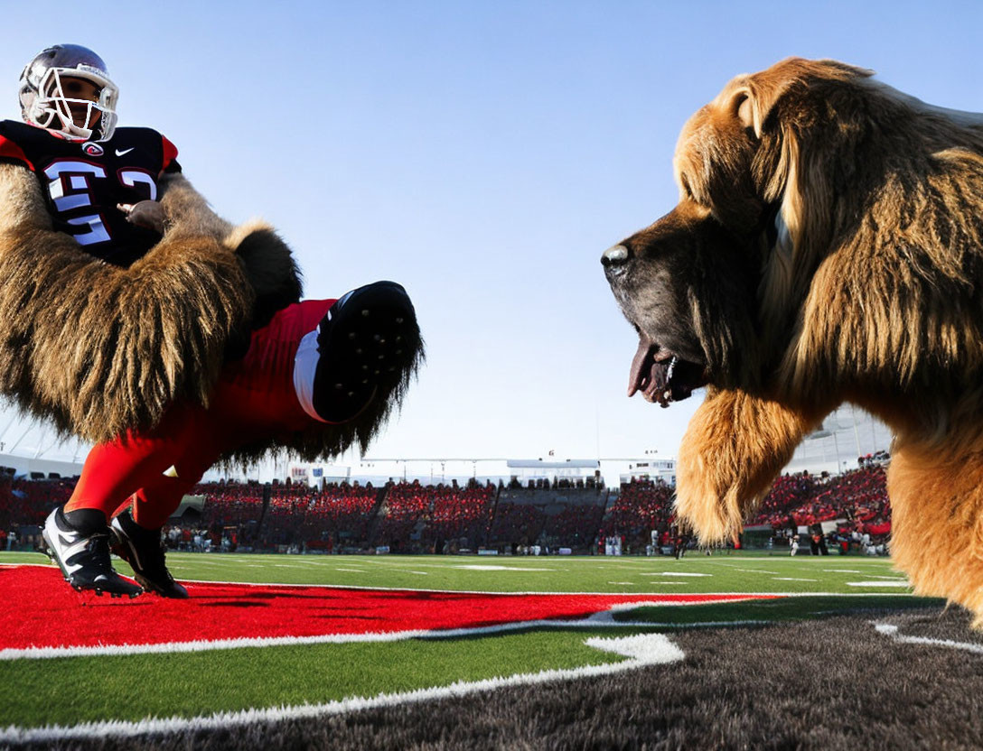 Football player in red uniform leaps near large dog mascot on sunny football field