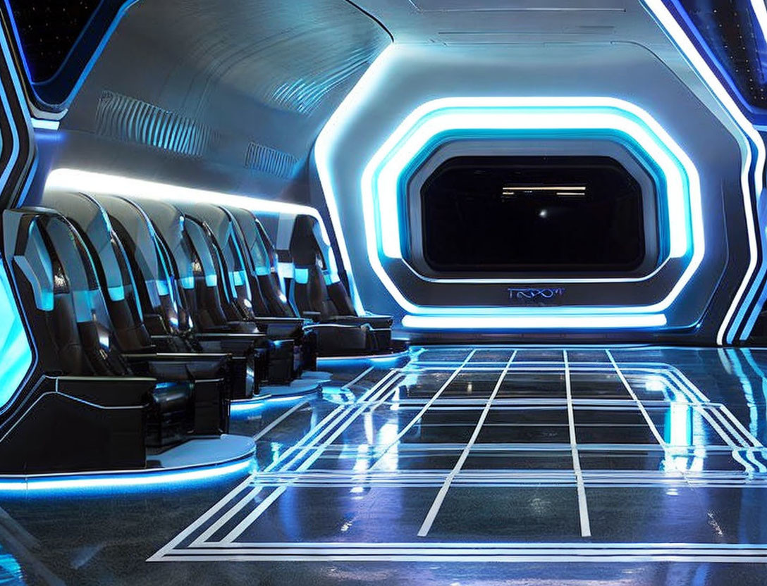 Futuristic interior with neon blue lights and sleek design