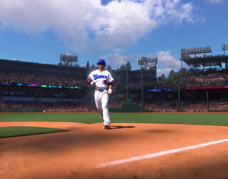 Baseball pitcher in blue and white uniform mid-pitch in packed stadium