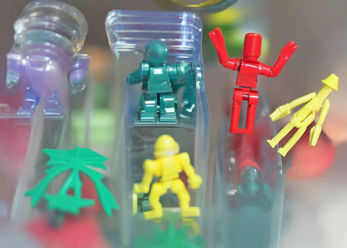 Vibrant miniature figures in plastic packaging with red centerpiece