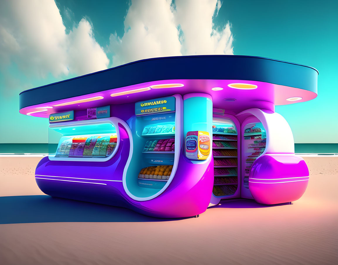 Vibrant futuristic beach kiosk under blue sky