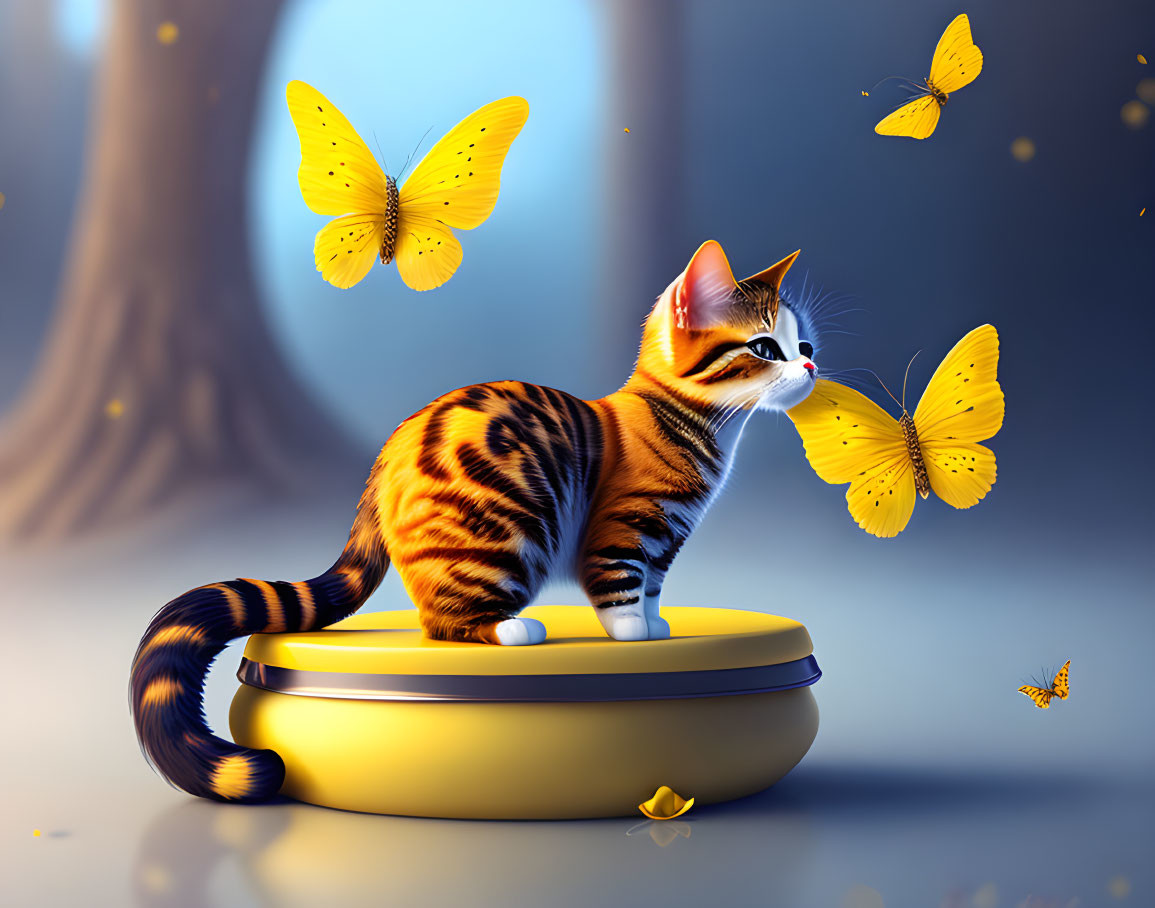 Striped orange cat on golden pedestal with yellow butterflies in dimly lit setting