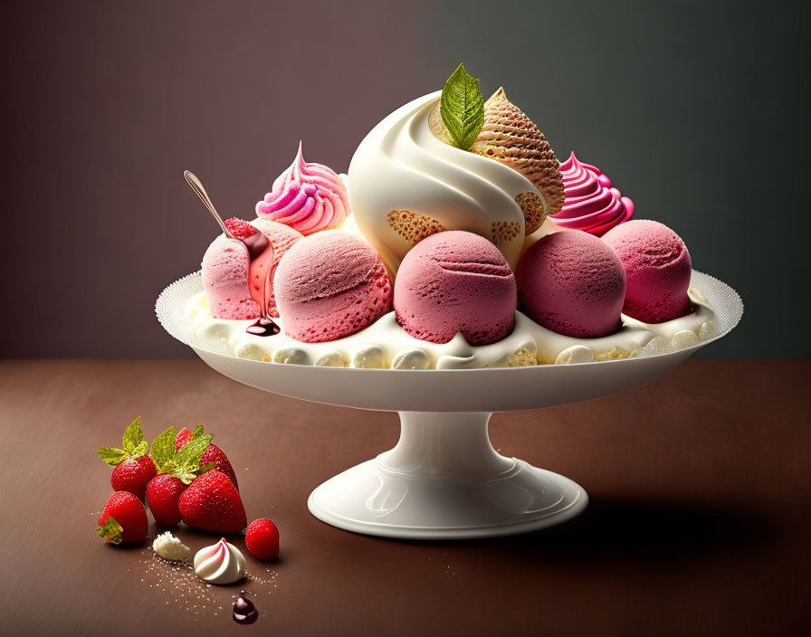 Pink macarons, whipped cream, strawberries, and waffle cone pieces on a white cake stand