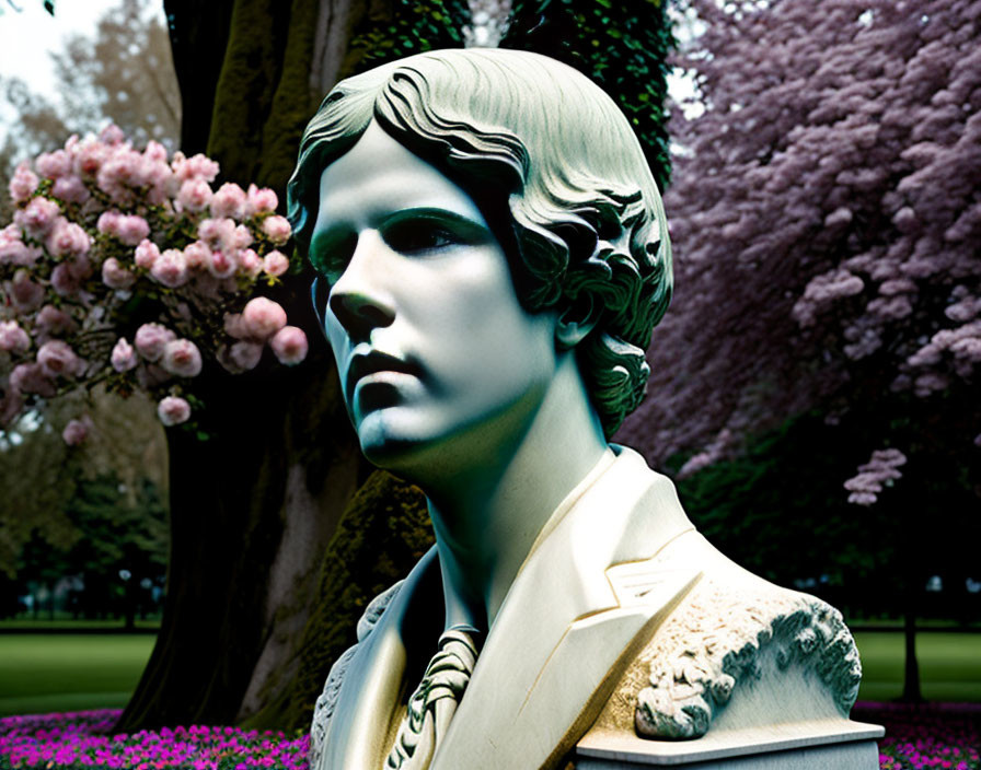 Realistic Woman Statue Amid Pink Blossoms and Greenery