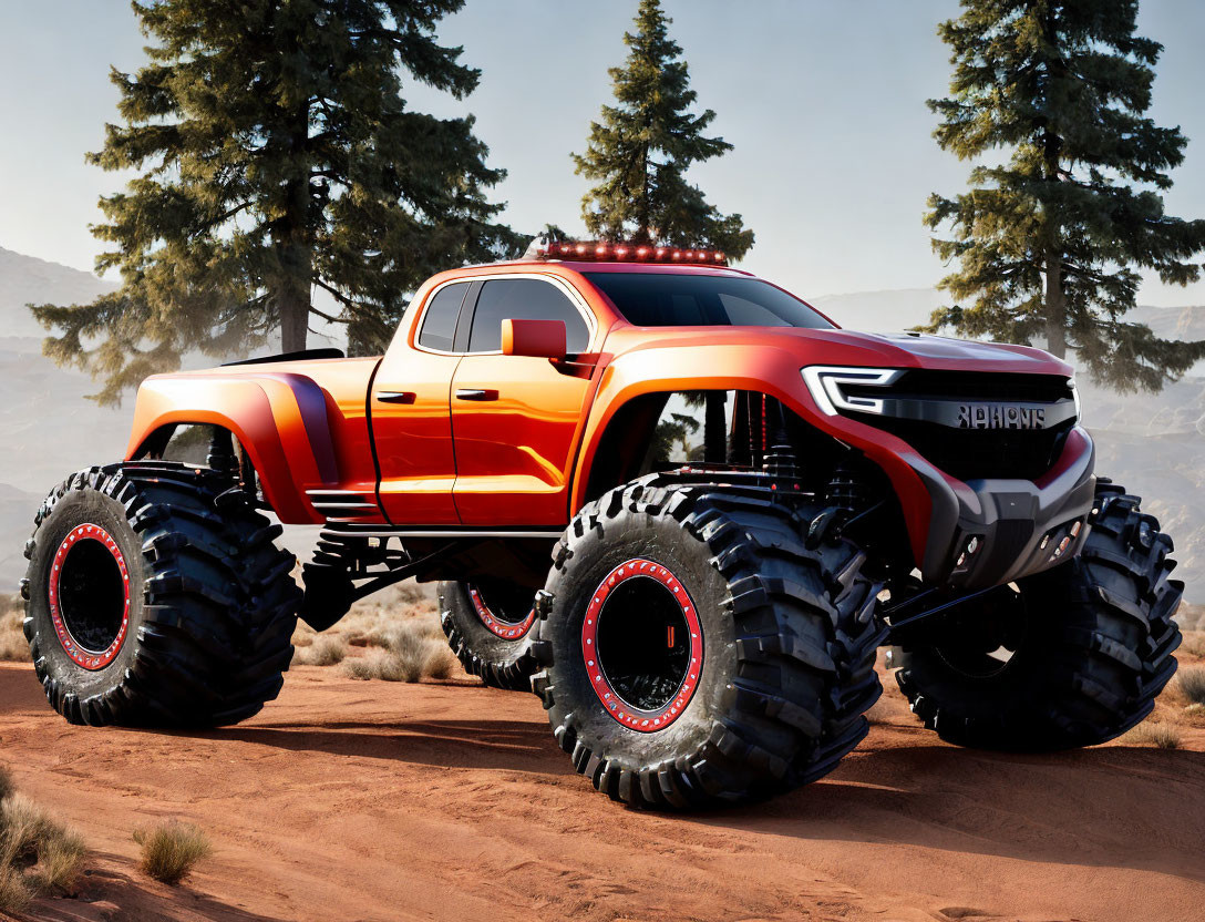 Giant orange off-road pickup truck in desert landscape