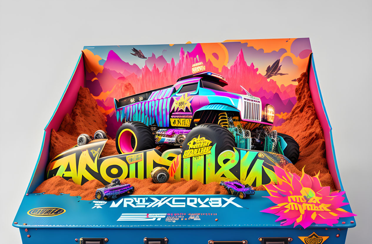 Colorful Monster Truck Pinball Machine Design with Desert Landscape