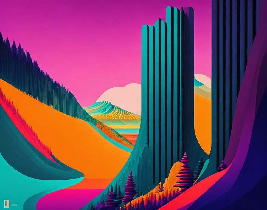 Colorful Stylized Landscape with Towers and Hills