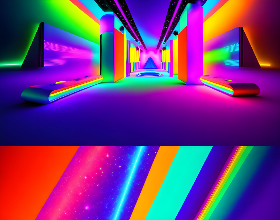 Colorful Neon-Lit Hallway with Glowing Floors and Circular Doorway