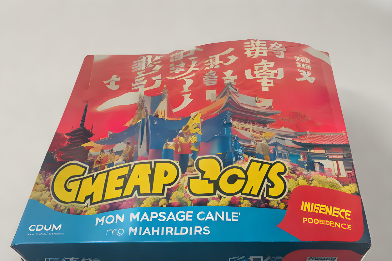 Vibrant temple-themed fireworks box with bold "GMEAP COCKS" lettering.