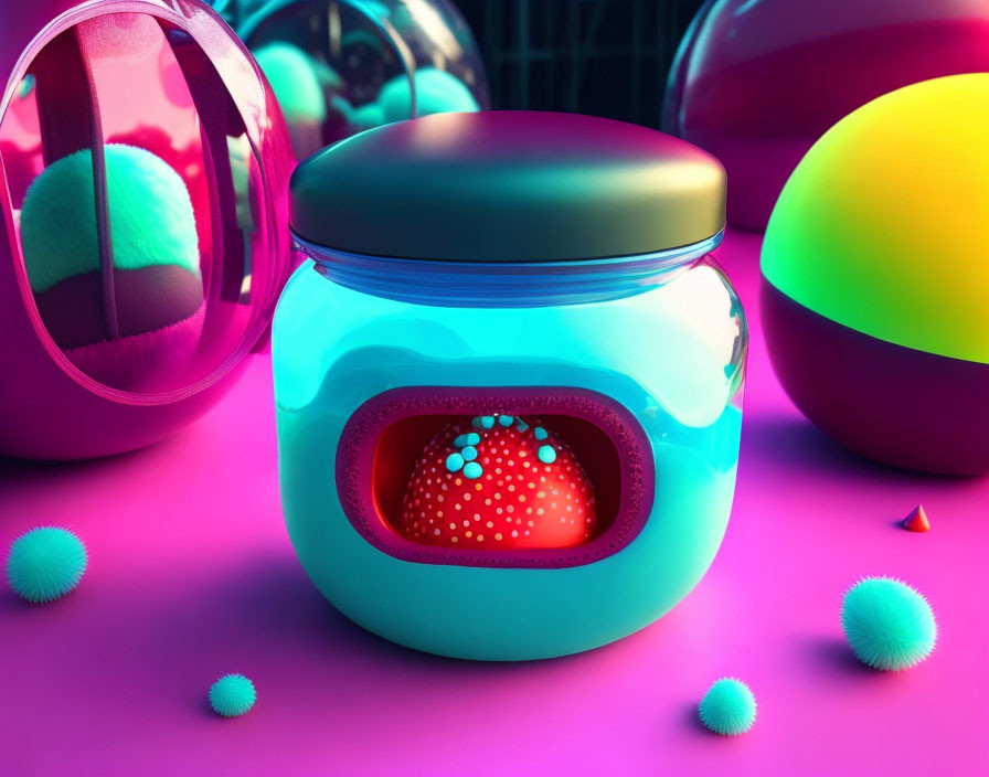 Whimsical 3D rendering of turquoise jar with eyes among colorful spheres and fuzzy balls