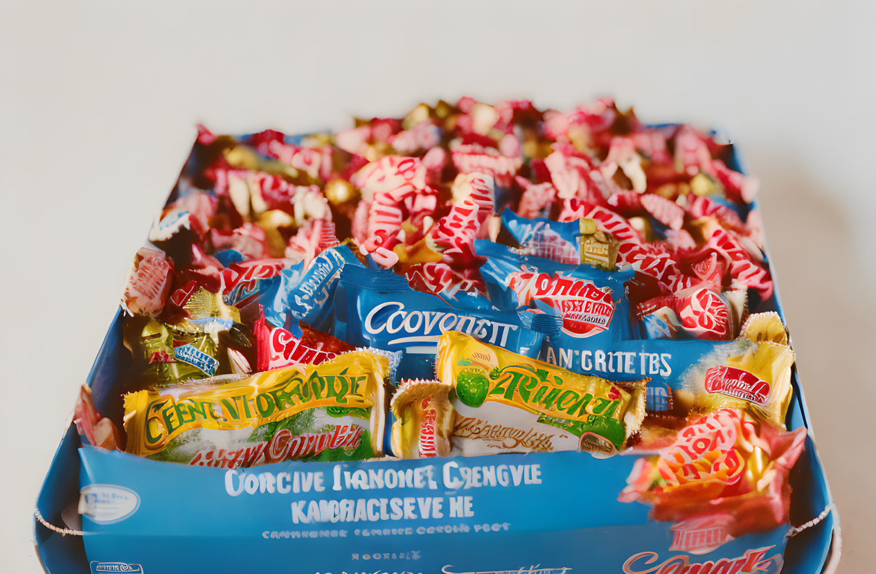 Assorted colorful candies and chocolates in a box on light background