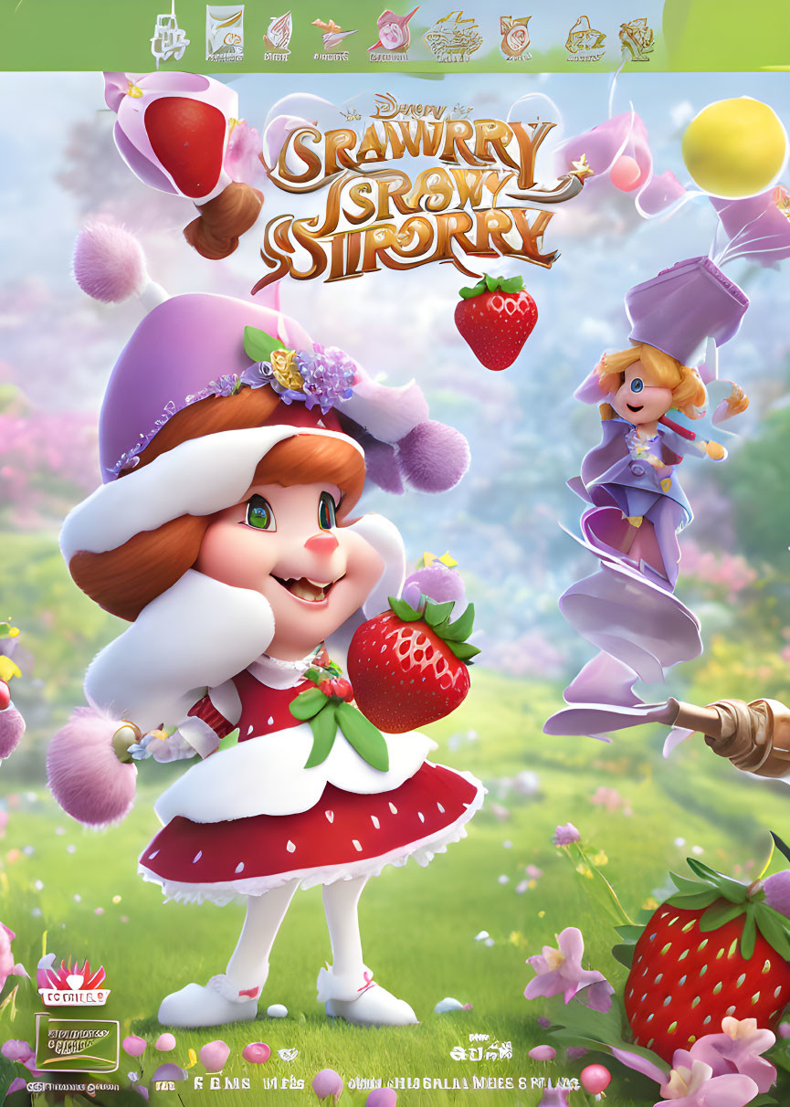 Vibrant poster with animated girl in strawberry outfit and whimsical text